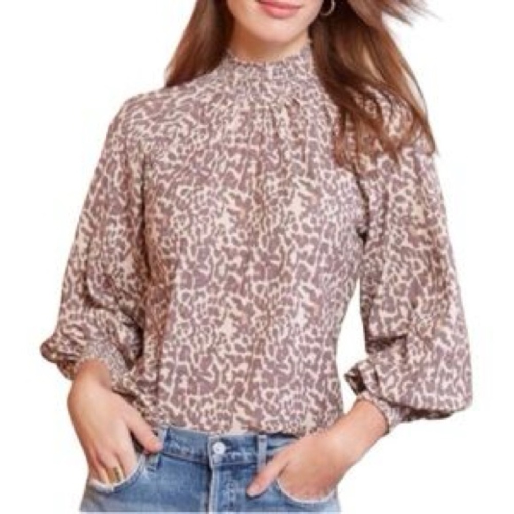 Nation LTD Leopard Print Smocked Mock Neck Blouse – Size Small - Picture 2 of 14